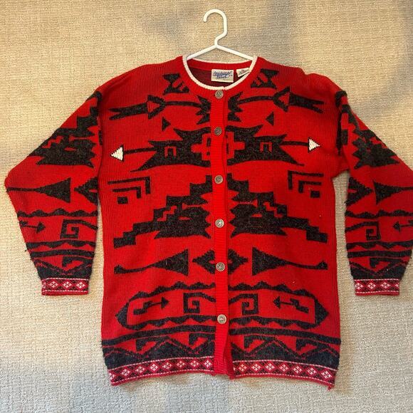 Vtg Midnight Blues Cardigan Sweater Aztec Tribal Sz Medium‎ Red Gray Southwest - Picture 1 of 8